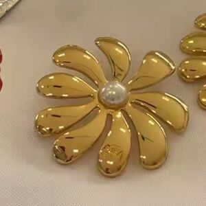 Gold Floral Earrings with Pearl Center